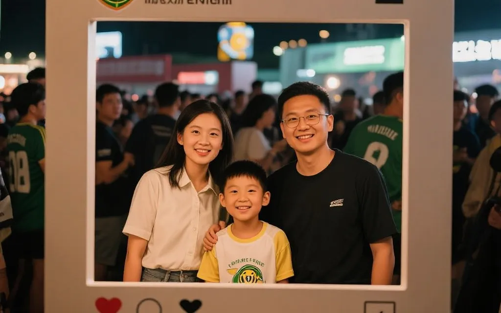 球迷区亲子合影打卡点与温馨灯光氛围